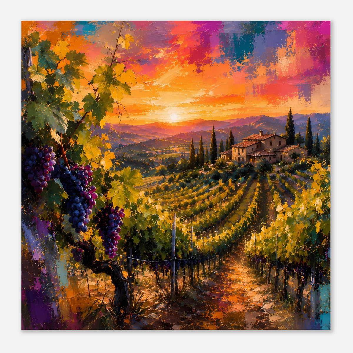Poster mit Weinberg-Szenerie, Traubenreben im Vordergrund und Landhaus im Sonnenlicht