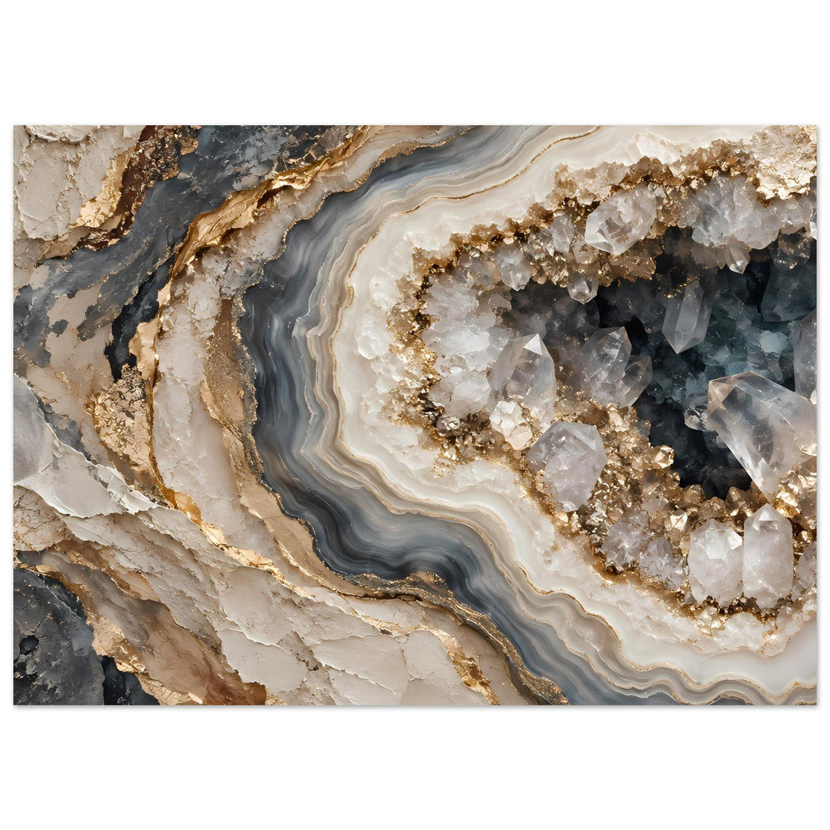Geoden-Poster mit großem Kristallbereich, creme, rauchgrau und goldenen Akzenten