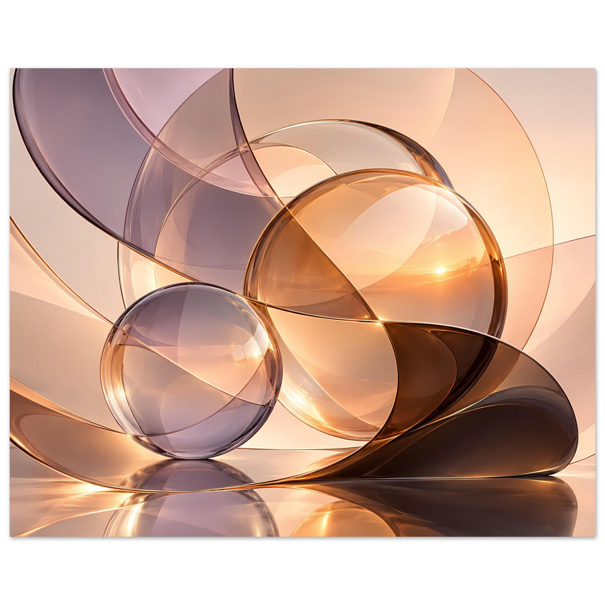 Abstrakter Kunstdruck mit warmen Glas-Kugeln, goldenen Reflexen und lila Linien