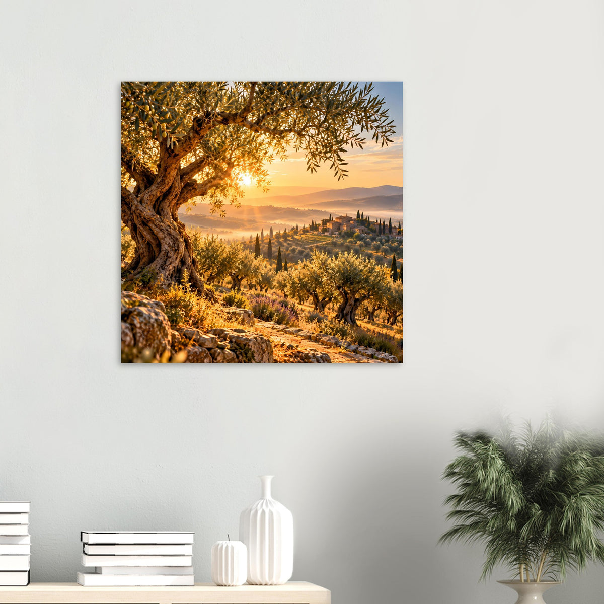 Landschaftsposter mit goldenem Sonnenaufgang, Olivenbaum und Hügeln in der Toskana