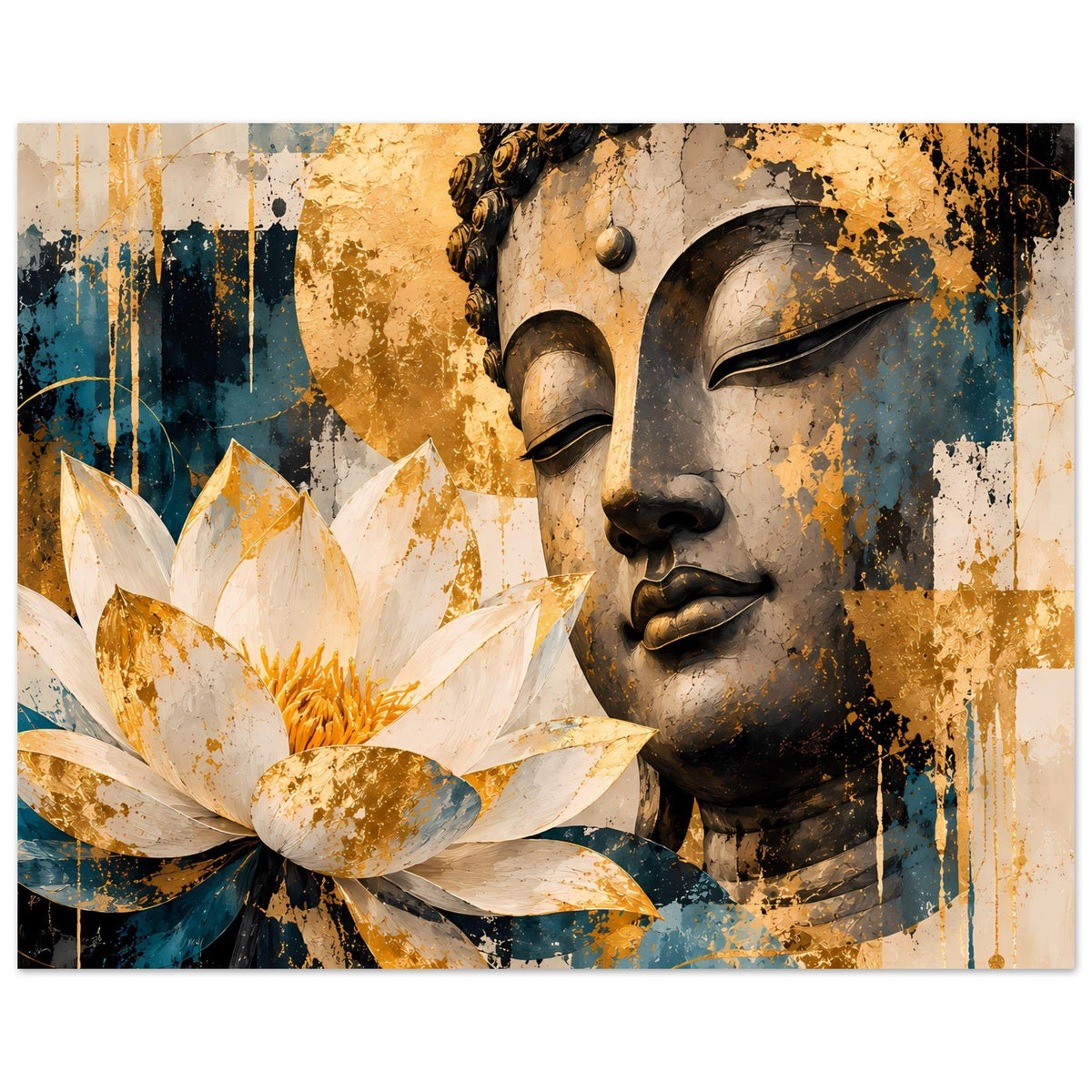 Poster mit Buddha-Gesicht und weißer Lotusblüte, Sprenkel-Optik in Gold und Teal