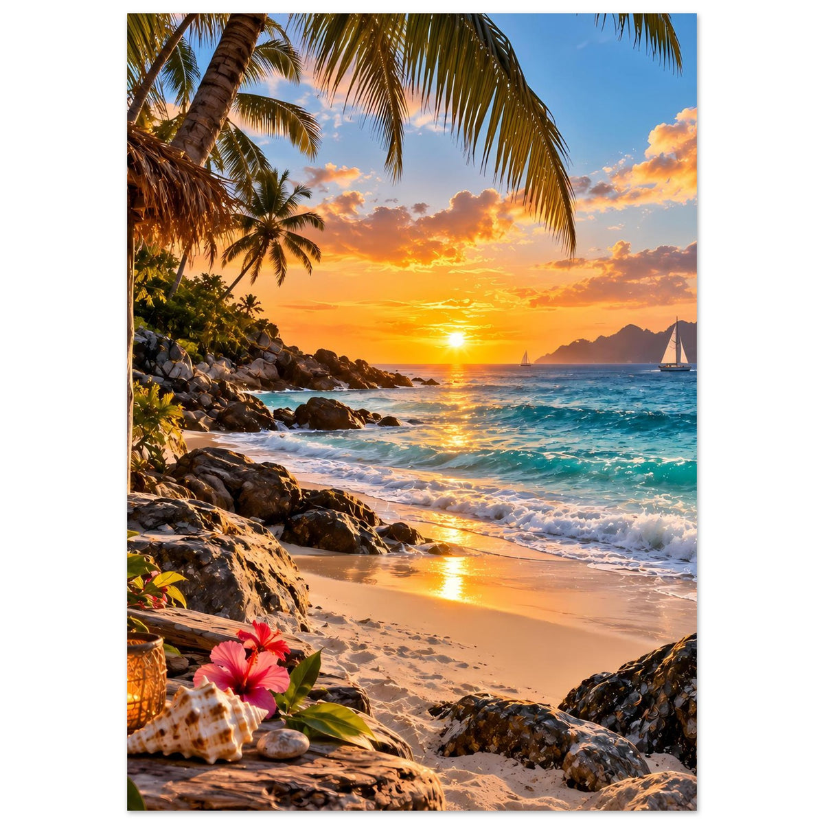 Poster tropischer Strand Sonnenuntergang im Hochformat: Strandlinie, Meer, Palmen und Felsen