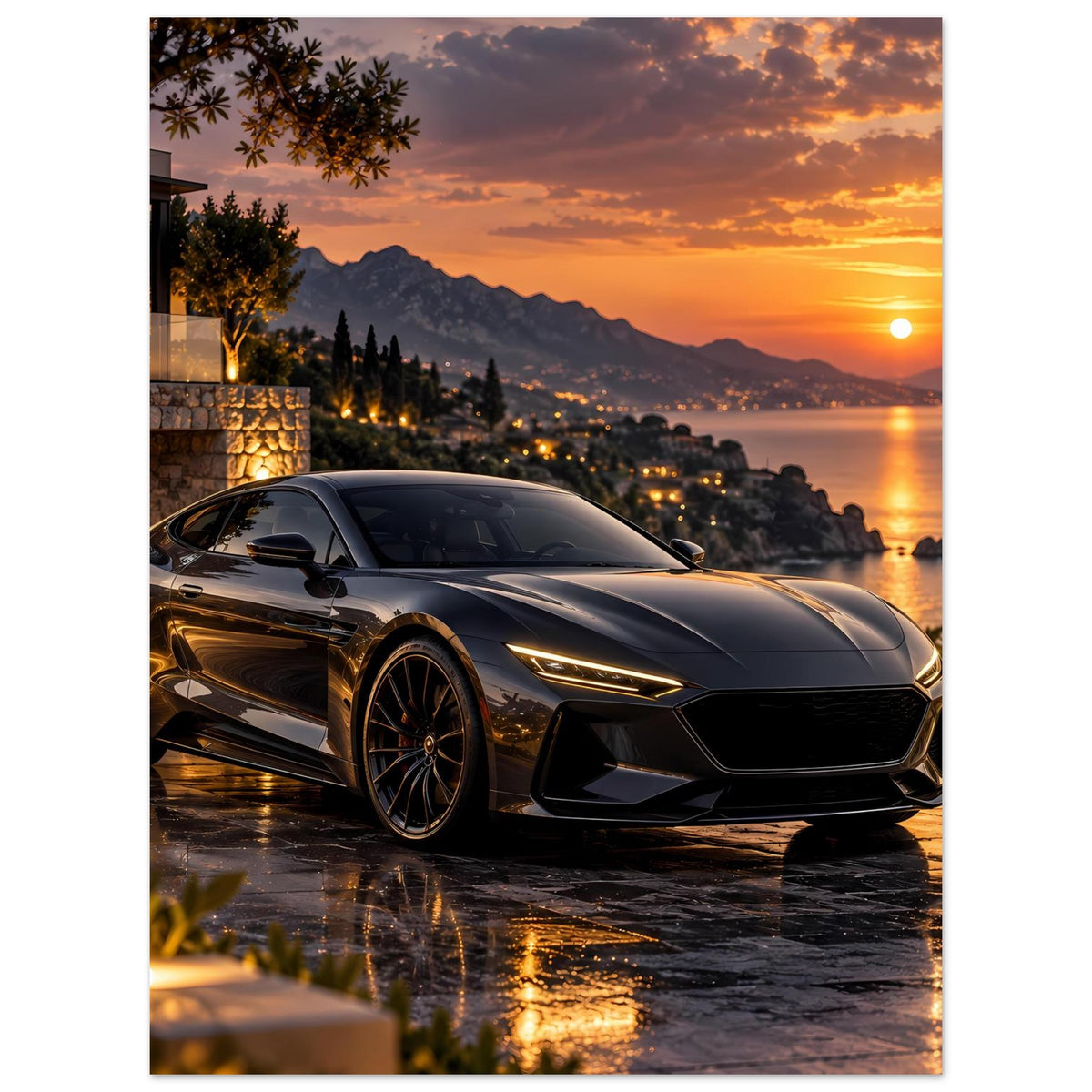 Sonnenuntergangs-Poster mit schwarzem Sportwagen, schmaler Bildausschnitt, nasse Fahrbahn
