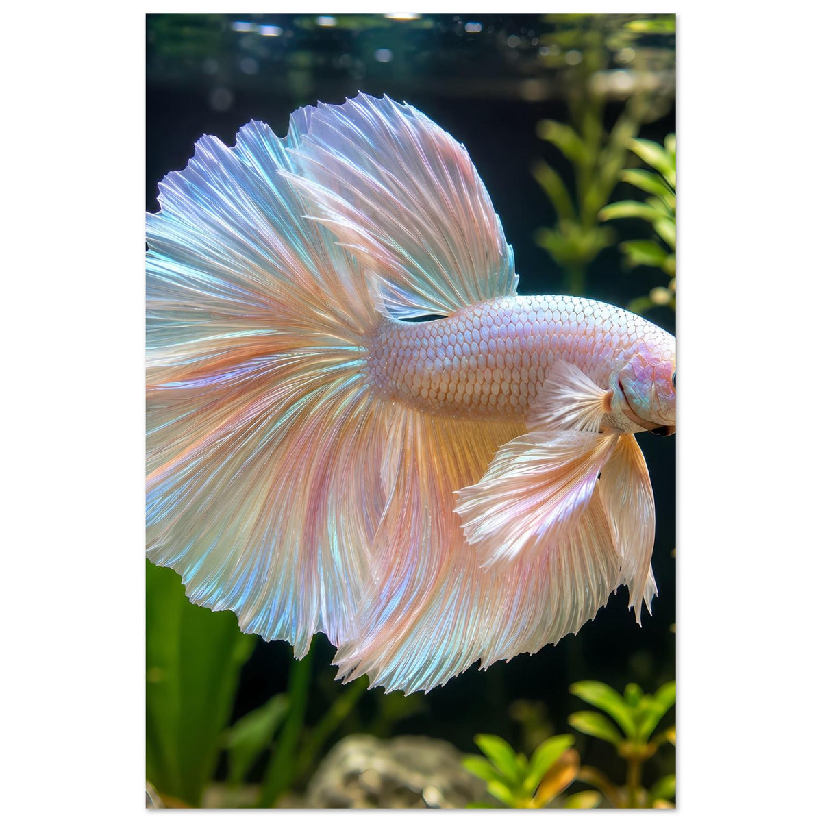 Betta-Fischposter mit seitlich dargestelltem Fischausschnitt und weit aufgefächerten Flossen