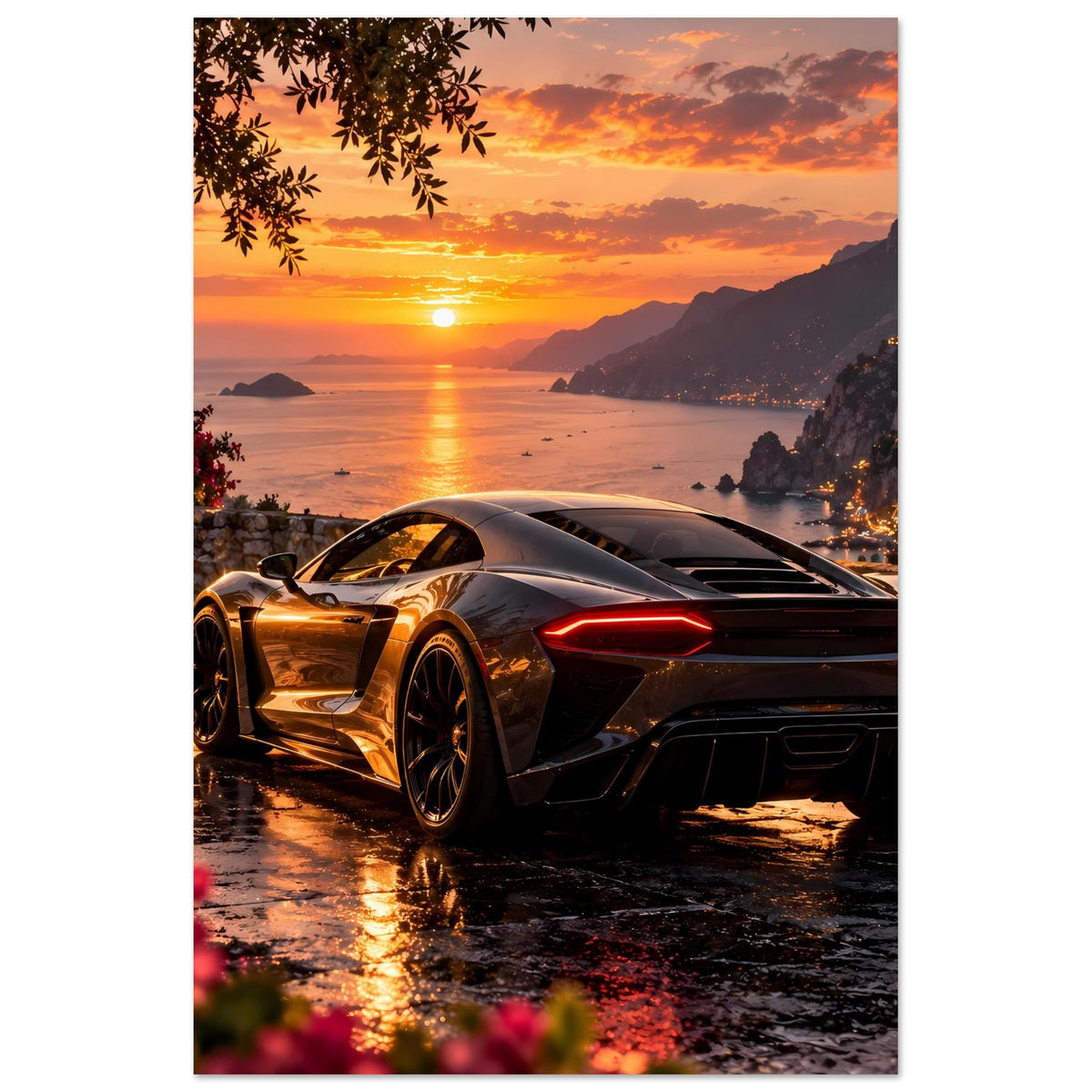 Sportwagen-Sunset-Poster im Hochformat: silberner Supersportwagen mit roten Heckleuchten