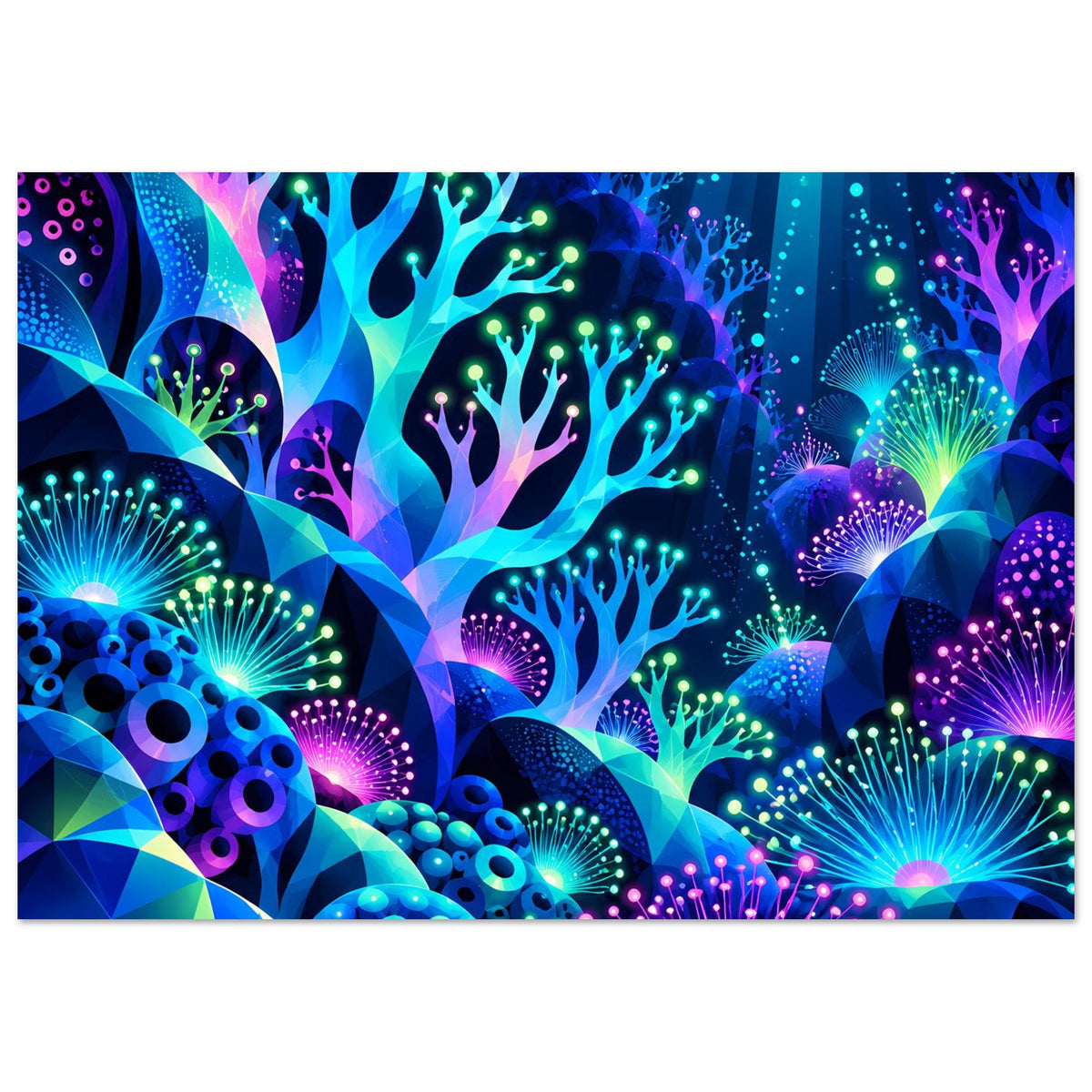 Neon-Unterwasserwelt-Poster im Querformat mit leuchtenden Korallen und Quallen, türkis-blau-violett.