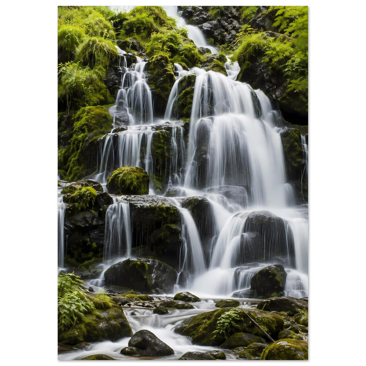Wasserfall-Poster (hochkant) mit mehreren Wasserläufen über Moosfelsen und Steinbecken