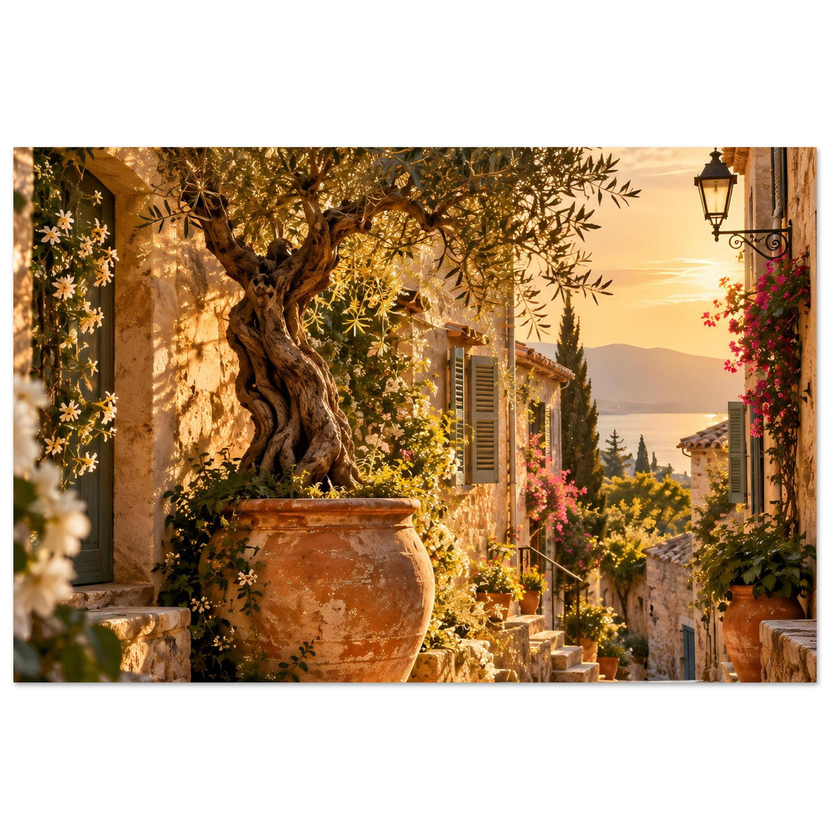 Poster mit mediterraner Gasse und Olivenbaum, große Keramikvase und goldenes Abendlicht