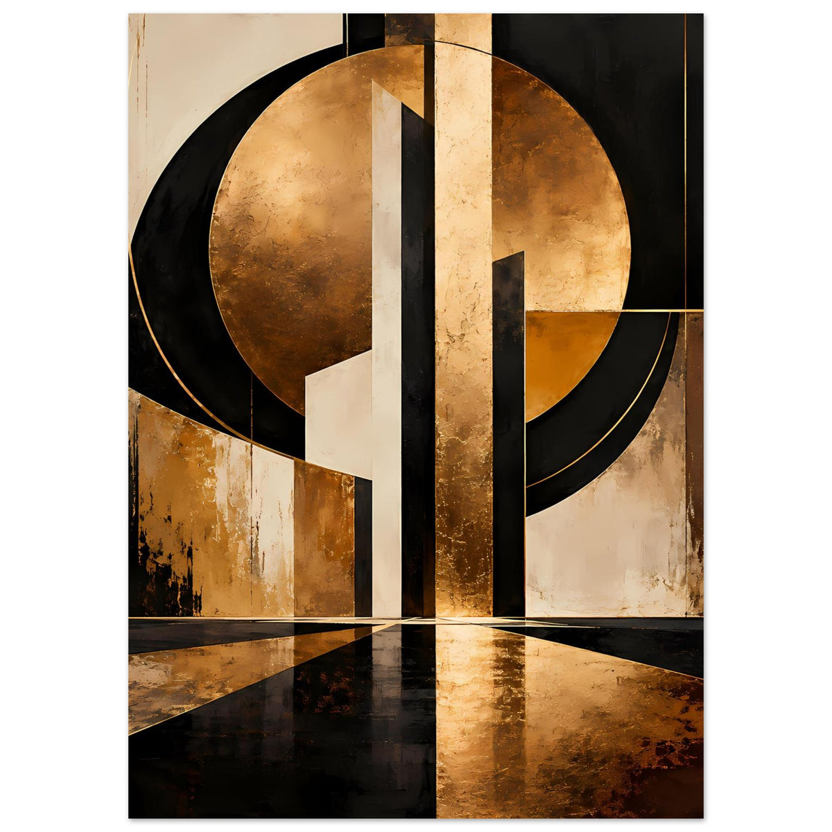 Abstraktes Gold-Schwarz-Art-Poster mit zentralem Kreis, gebogenen Linien und gesprenkelten Flächen