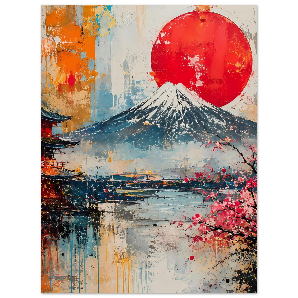 Japanisches Landschaftsposter (hochkant): Fuji, Kirschblüten und roter Mond, Vintage-Malstil