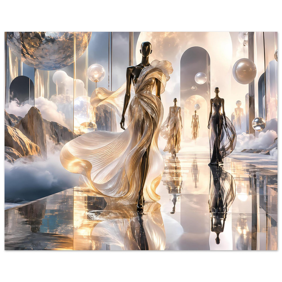 Laufsteg-Poster: goldene, schimmernde Figur mit wallendem Gewand neben schwarzen Ganzkörpermodels