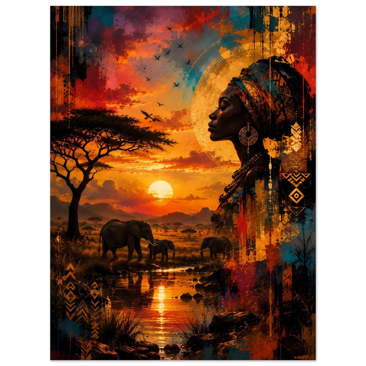 Poster mit Frau im Profil und farbigen Mustern am Gewand, Elefanten vor Sonnenuntergangs-Himmel