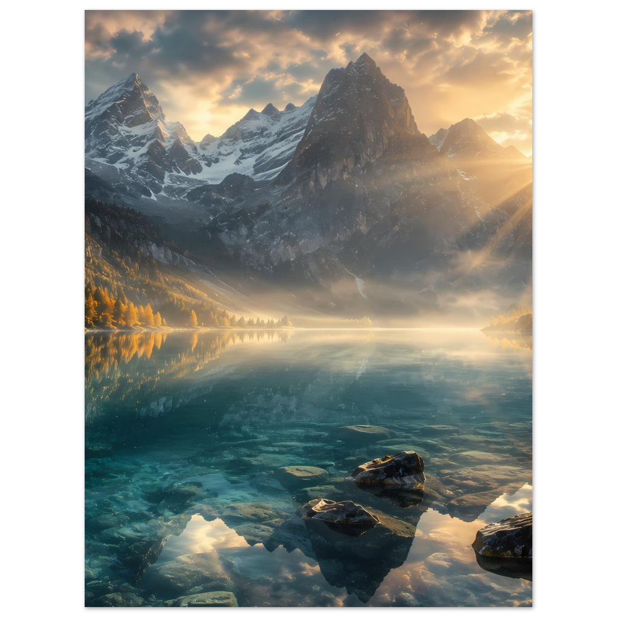 Poster mit Alpen-Bergmassiv über türkisfarbenem Bergsee, Sonnenstrahlen am Himmel