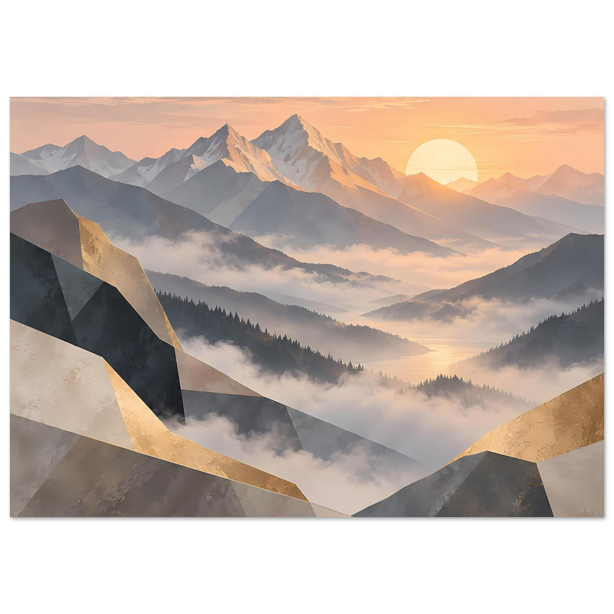 Horizontales Wandposter: Berge bei Sonnenaufgang, Pastellfarben und goldfarbene Bandakzente
