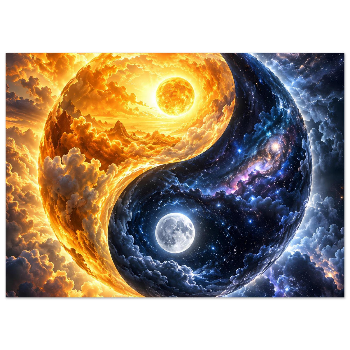 Poster im Querformat mit Yin-Yang-Doppelkosmos: Sonne, Mond und Sternenwolken
