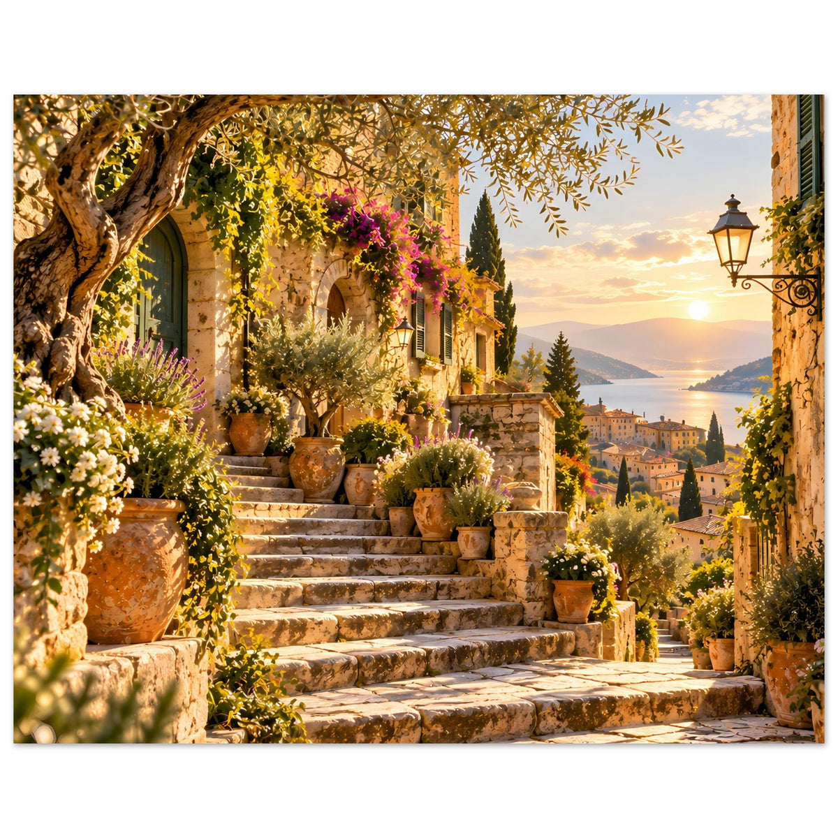Kunstposter mit mediterranem Treppenaufgang, vielen Pflanzentöpfen, Blüten und Abendhimmel