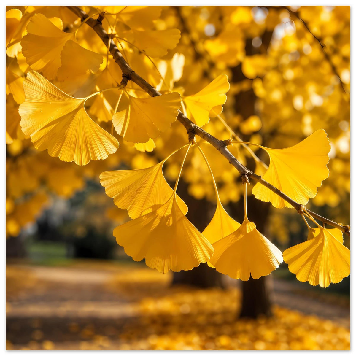Herbstliches Ginkgoblätter-Poster mit goldenen Blättern an dunklem Ast, klarer Fokus