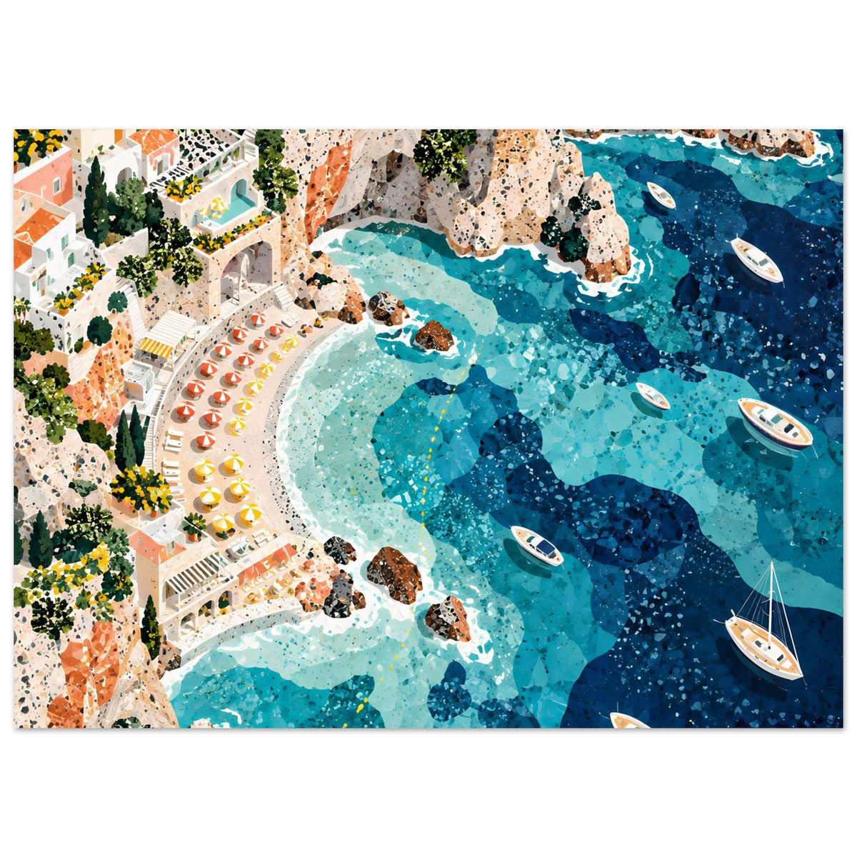 Mediterrane Küstenlandschaft mit Villen, sonnigen Felsklippen und türkisblauem Meer in Mosaikoptik – Posteransicht 45
