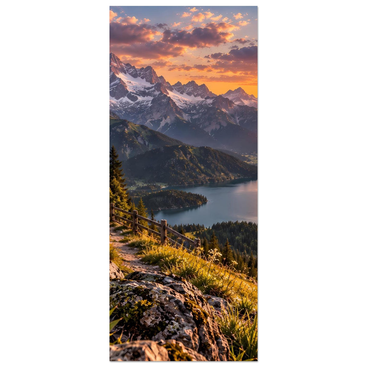 Vertikales Landschaftsposter: Alpenberge und Sonnenuntergang über Fluss/See, Wiesenweg am Hang.