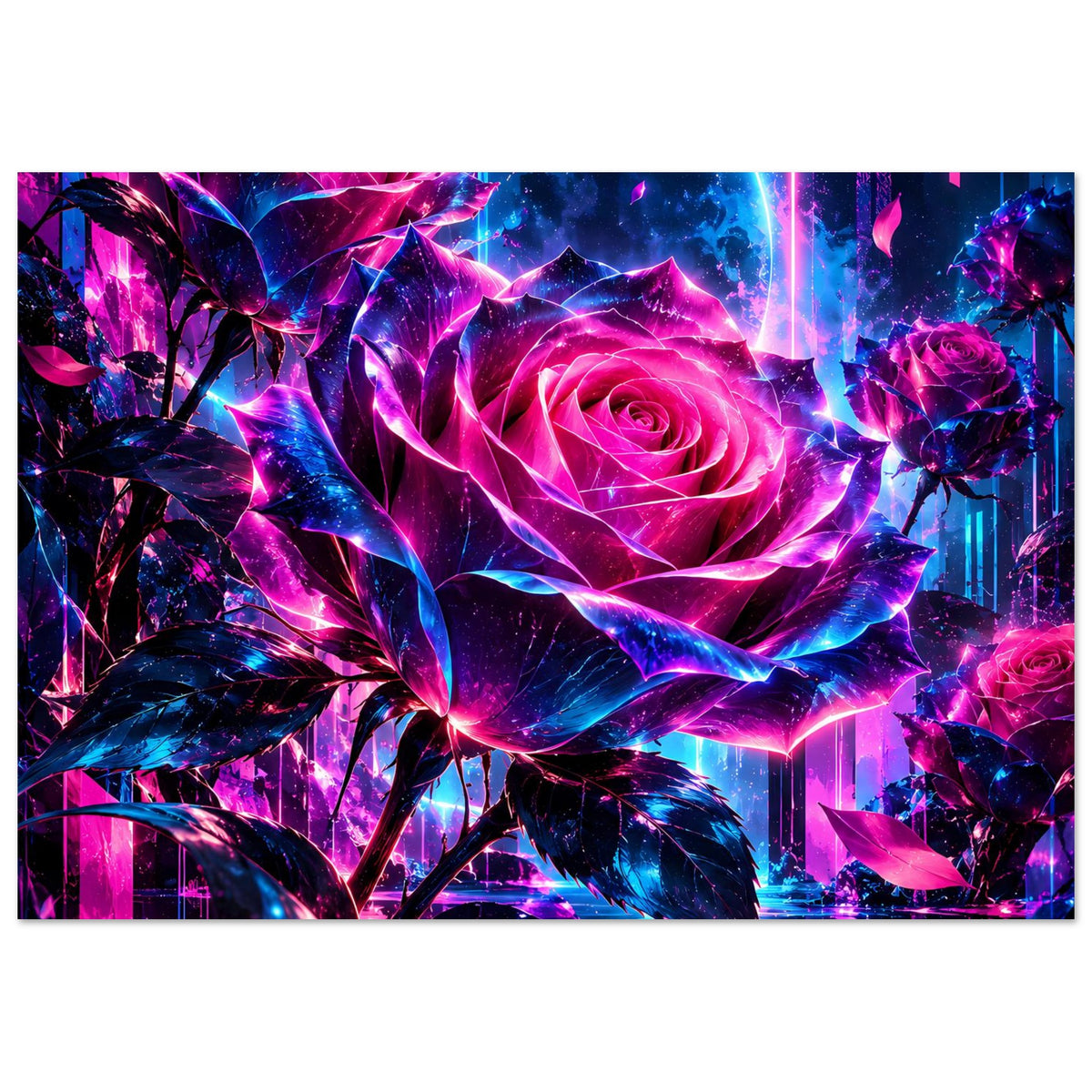 Kunstposter mit Neonrosen in Pink und Blau, großes Rosenmotiv, horizontal