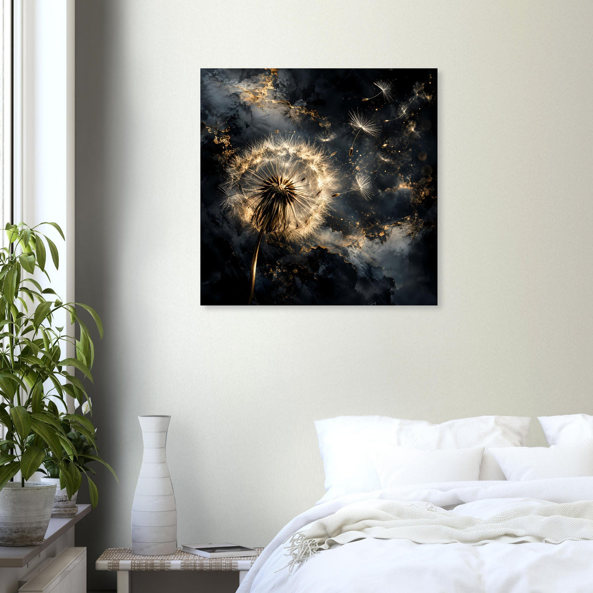 Quadratisches Wandposter im schwarzen Rahmen mit leuchtender goldener Pusteblume