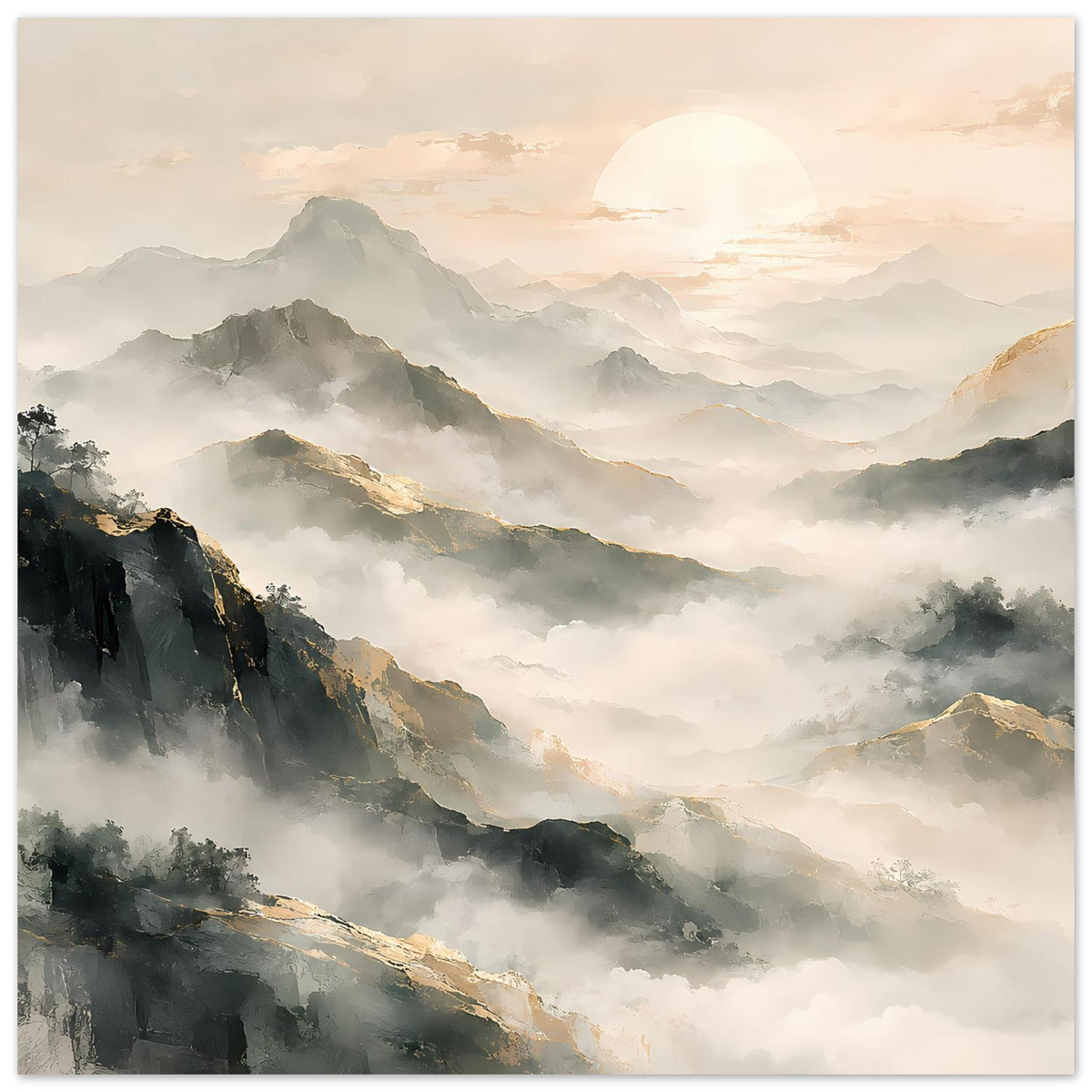 Vertikales Poster mit Bergpanorama in Pastellfarben, Sonne am Himmel über Nebel