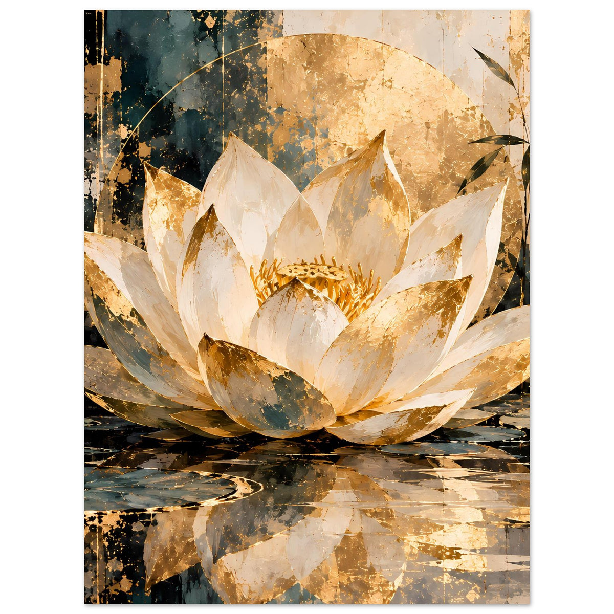 Lotus-Poster im Hochformat: weiße Lotusblüte mit goldenen Akzenten, Blattzweig rechts
