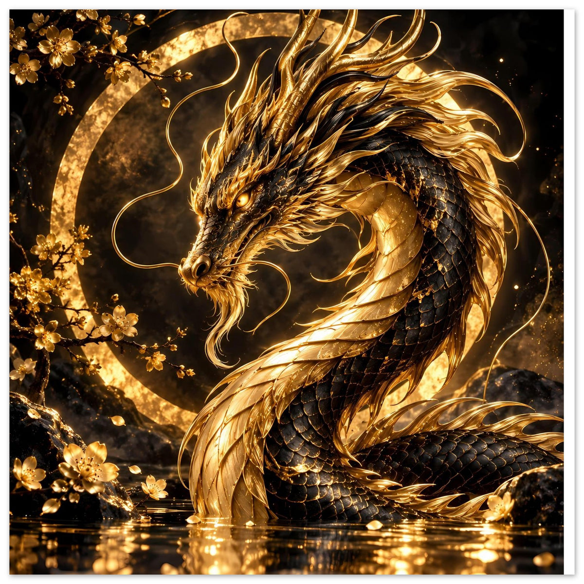 Poster mit goldener Drachenfigur, Flammenmähne, Schuppen und Blütenzweigen im Kreisrahmen