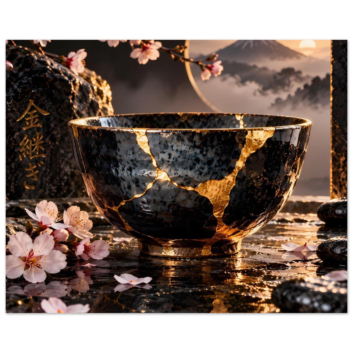 Kintsugi-Elegance-Poster mit schwarzer Schale und goldenen Rissen, Kirschblüten
