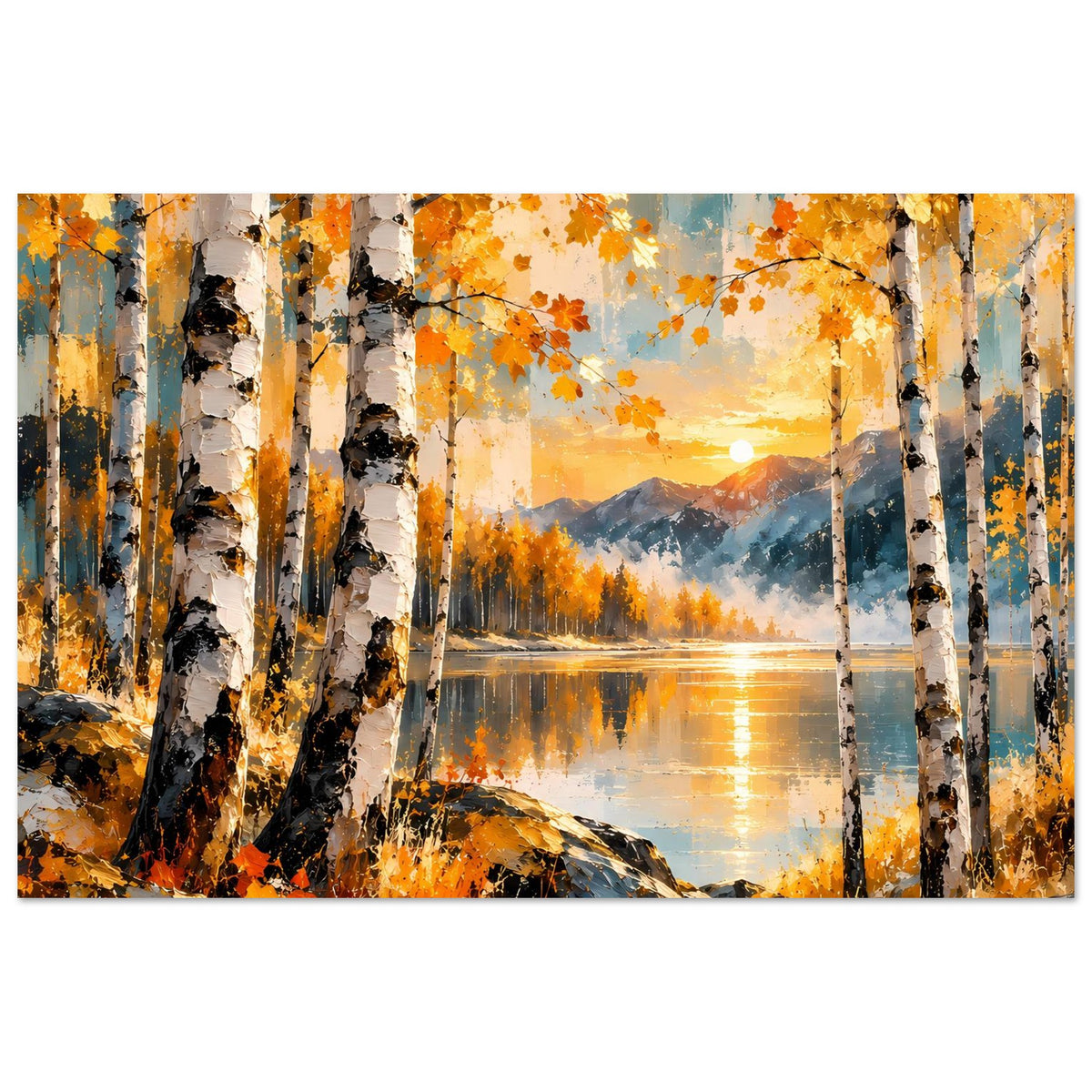 Herbstsonne Poster mit Birkenstämmen, ruhigem Wasser und Bergblick in warmen Farben