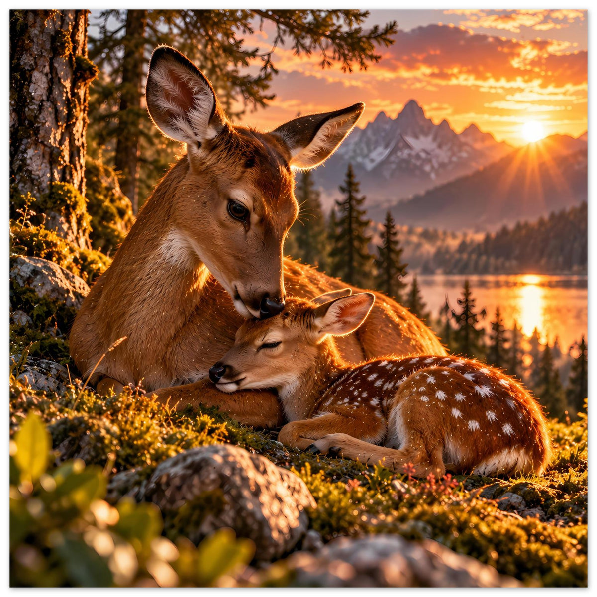Hirsch-Motiv Poster: Reh und Kitz im warmen Abendlicht, Sonne rechts, horizontal