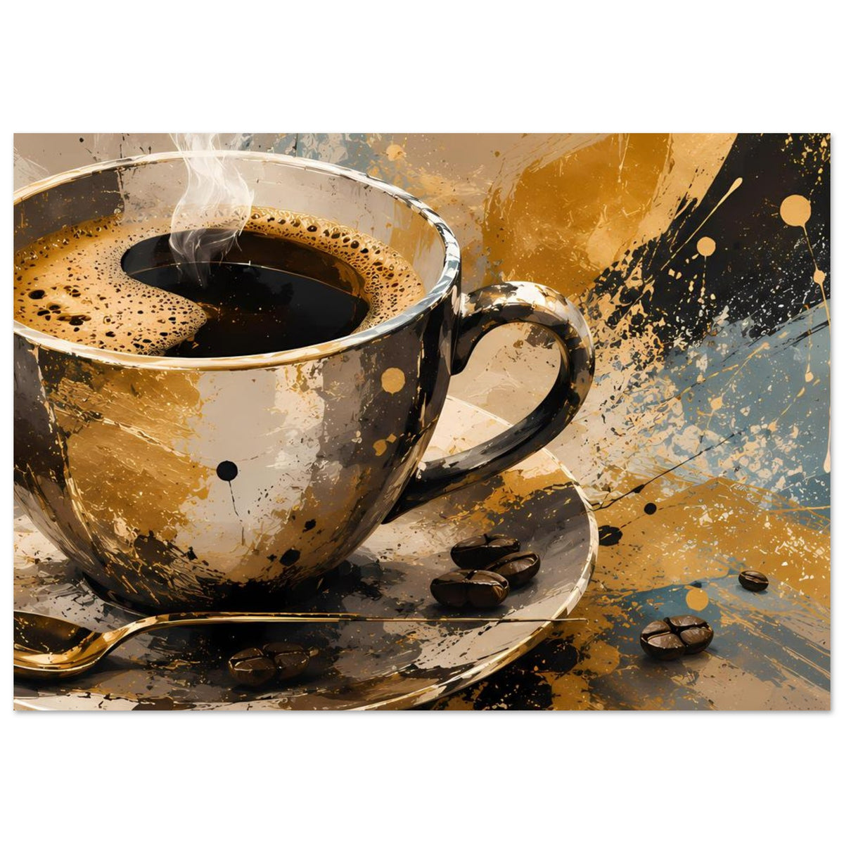 Kunstposter mit Kaffeetasse auf Untertasse, Dampfwolke, Kontraste aus Schwarz und Gold