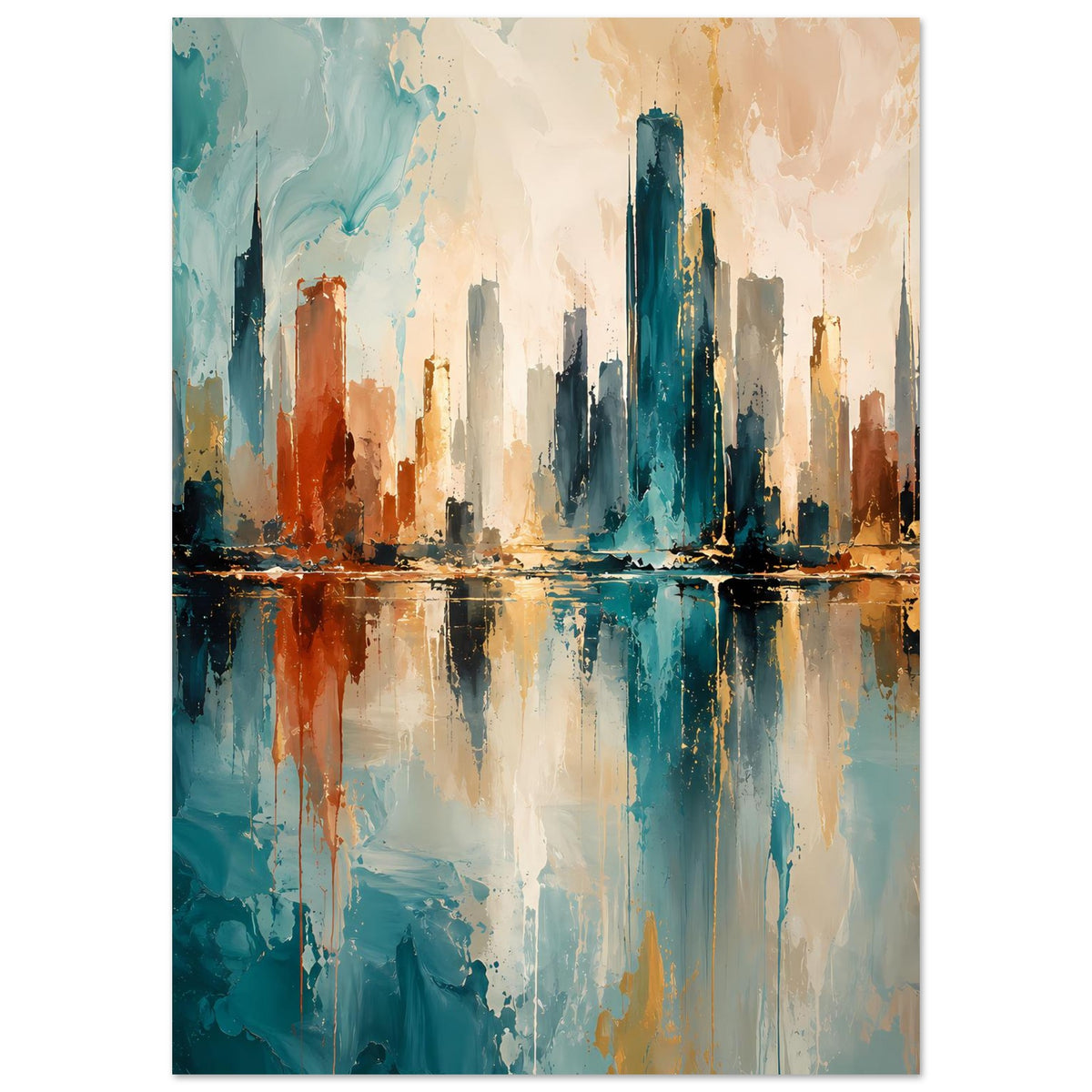 Abstraktes Skyline-Poster, breite Ansicht mit Spiegelung im Wasser, Blau-Gold-Rost, gerahmt