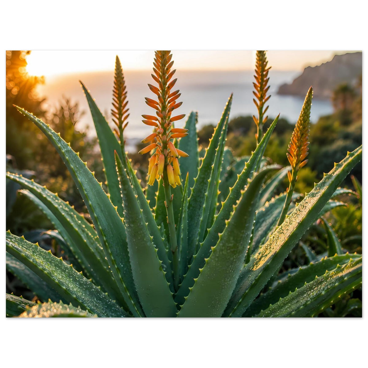 Poster im Querformat: Aloe mit mehreren orangefarbenen Blütenständen und grünen Blättern