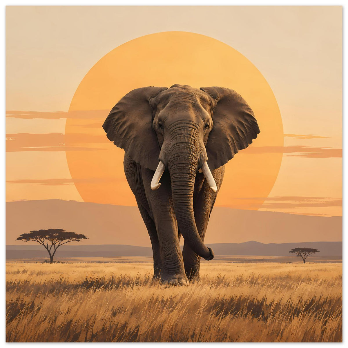 Elefantenposter mit großem Tier im Vordergrund, orangefarbener Kreis und Sonnenuntergang