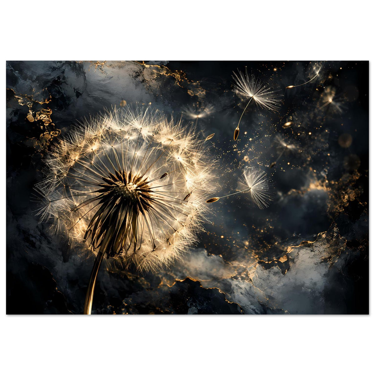 Breites Poster mit goldener Löwenzahnblüte, schimmernden Samen und funkelnden Lichtpunkten