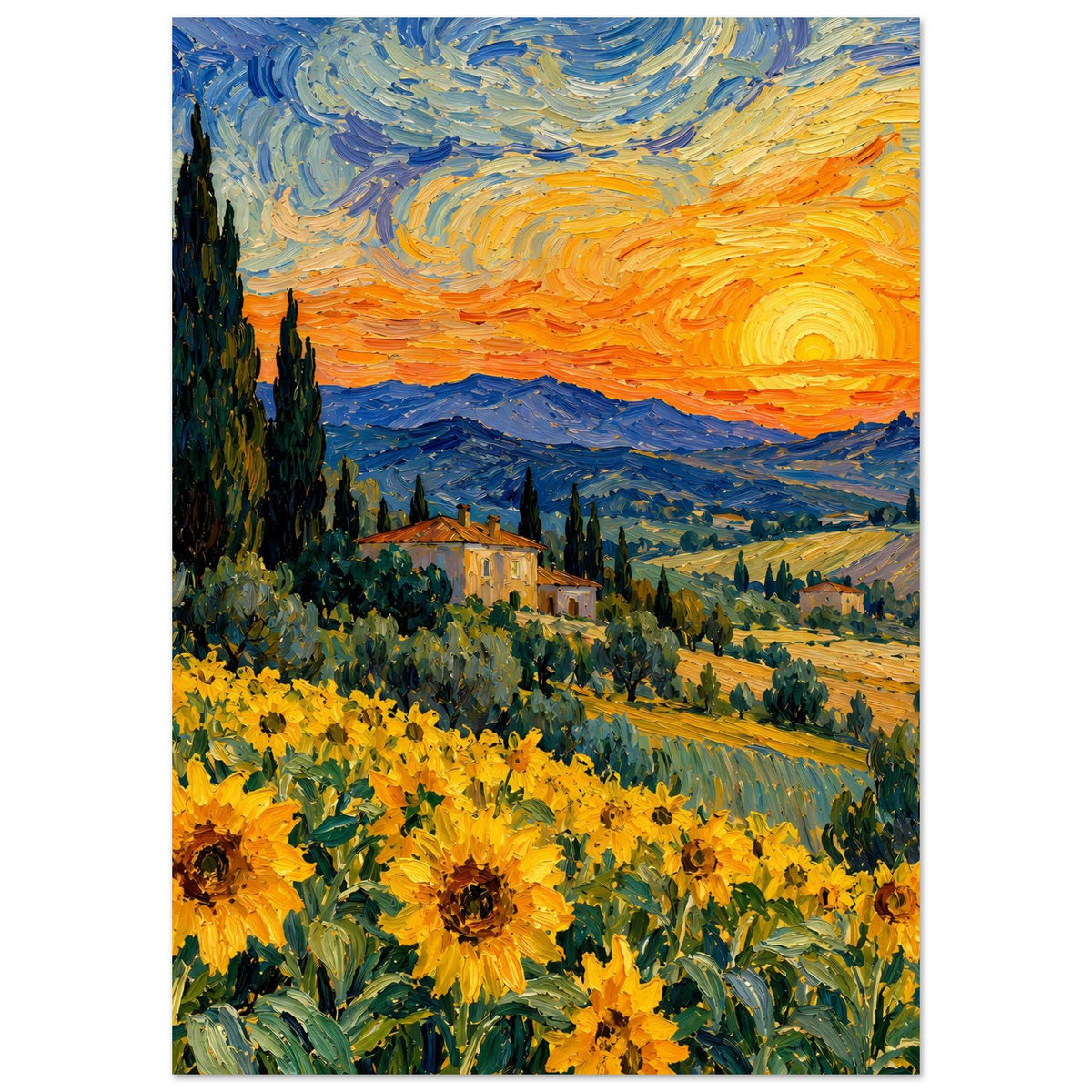 Kunstposter im Hochformat mit Sonnenblumen unten, Landschaftstal und orangefarbener Sonne