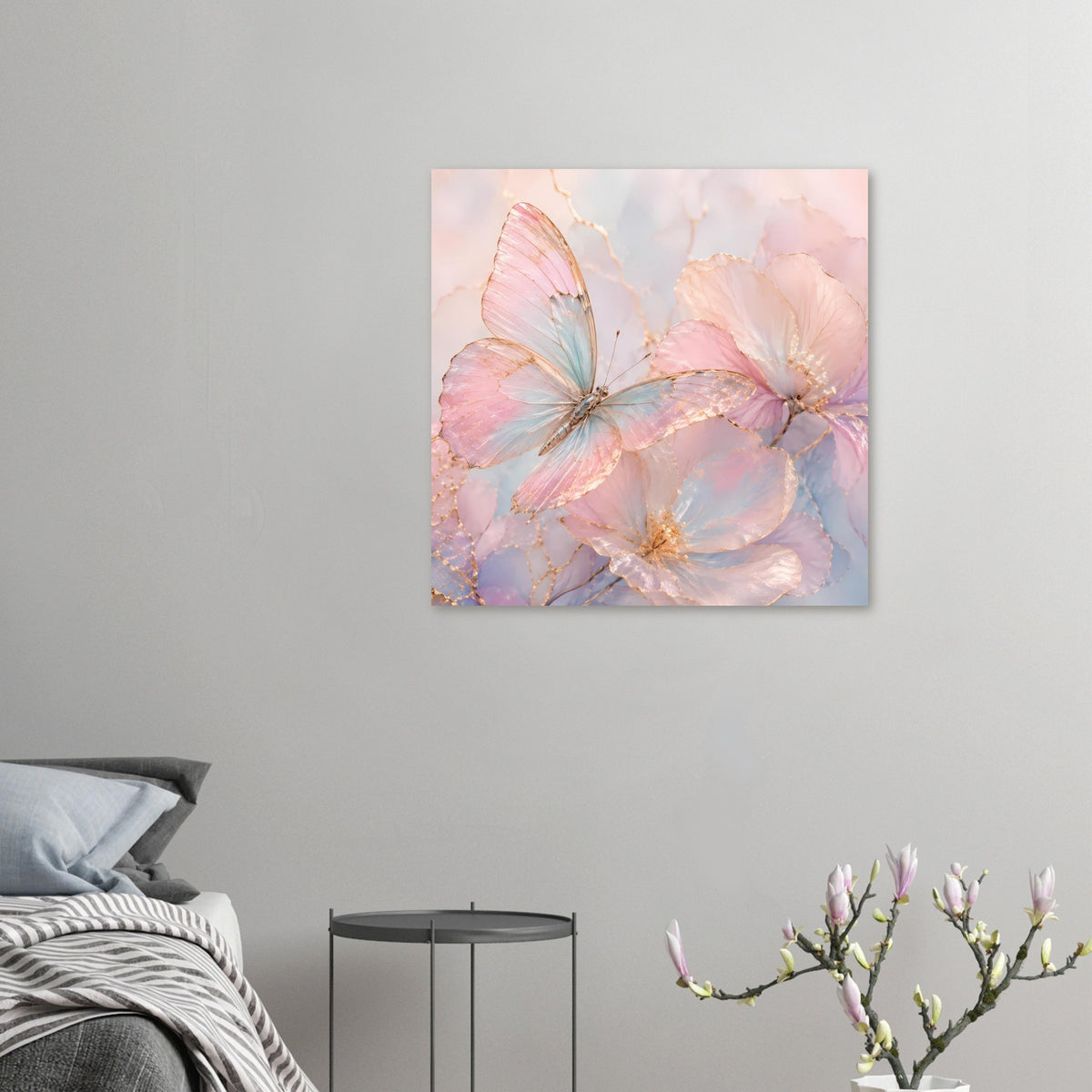 Aquarell-Poster mit zarten Schmetterlingen und Blüten in Rosé, Blau und Gold