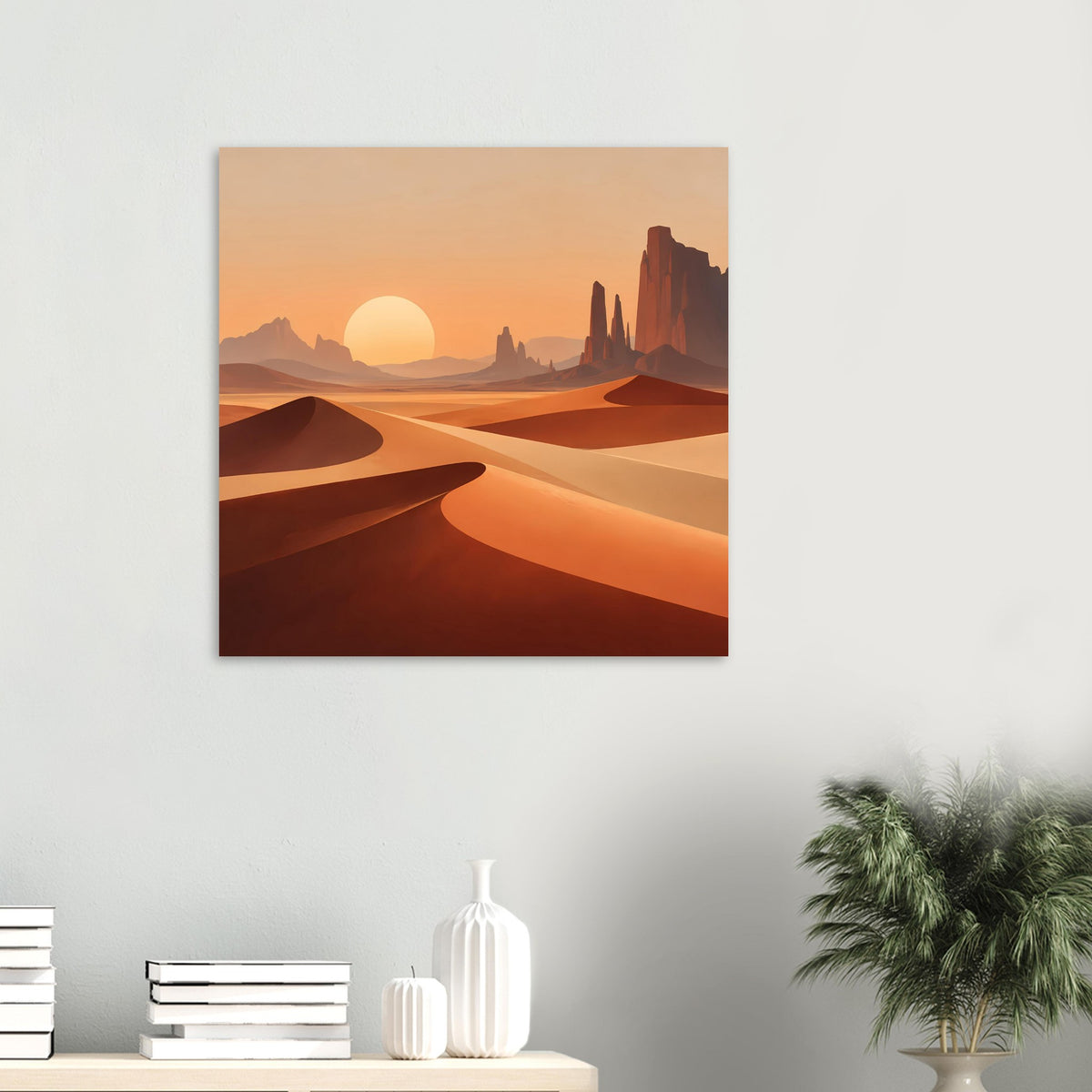 Quadratisches Poster mit Wüstenlandschaft: orange Dünen, Felszinnen und Sonne.