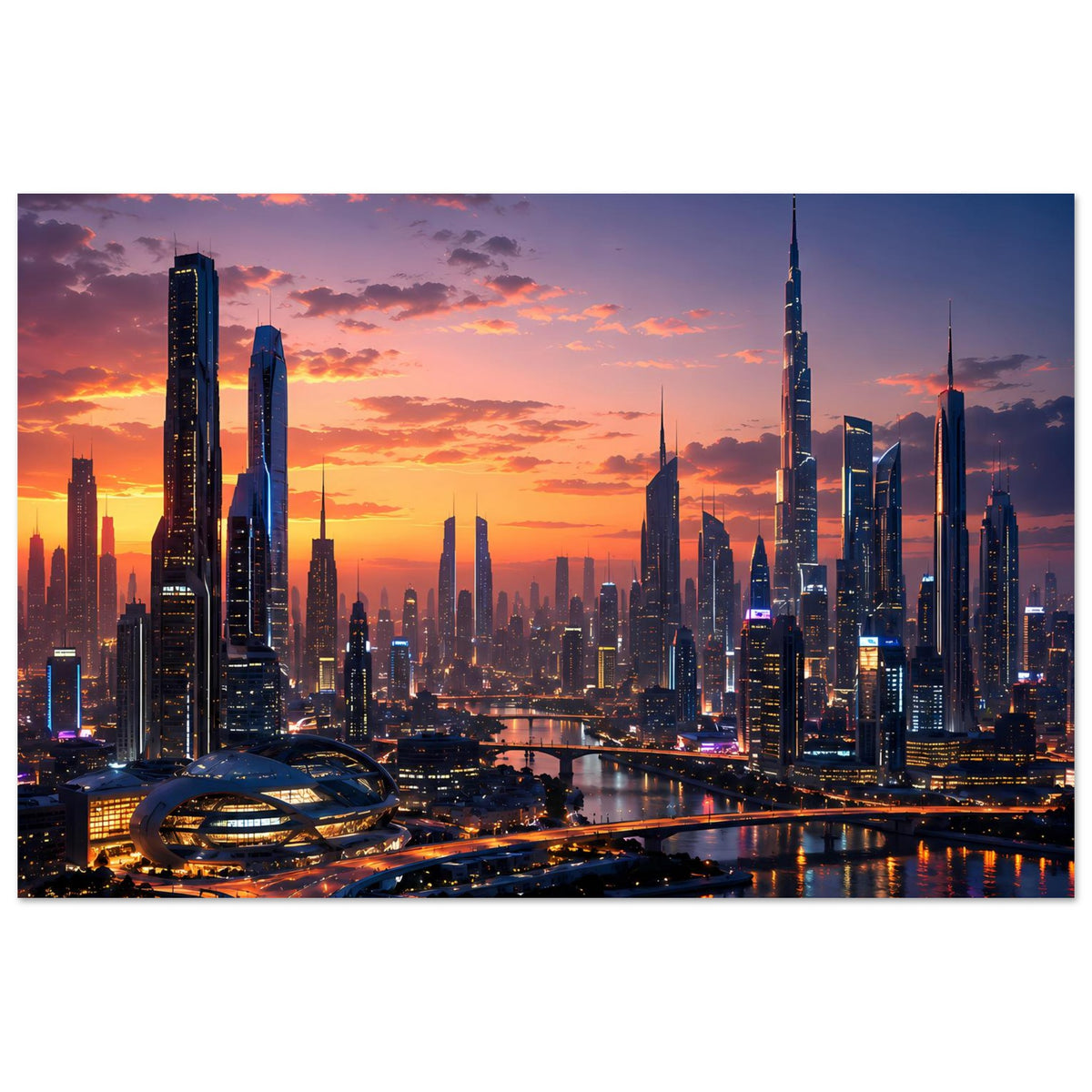 Poster im Querformat: Wolkenkratzer-Skyline mit Abendlicht am Wasser