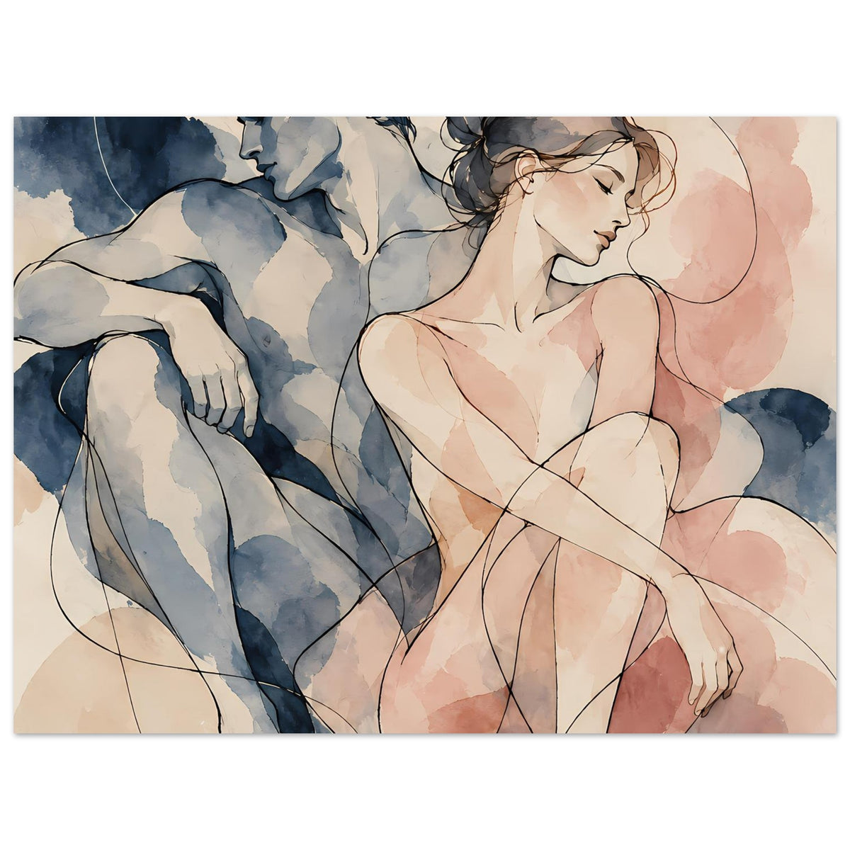 Aquarell-Paarposter im Querformat, Nahansicht: Paar umarmt, blaue und rosafarbene Akzente