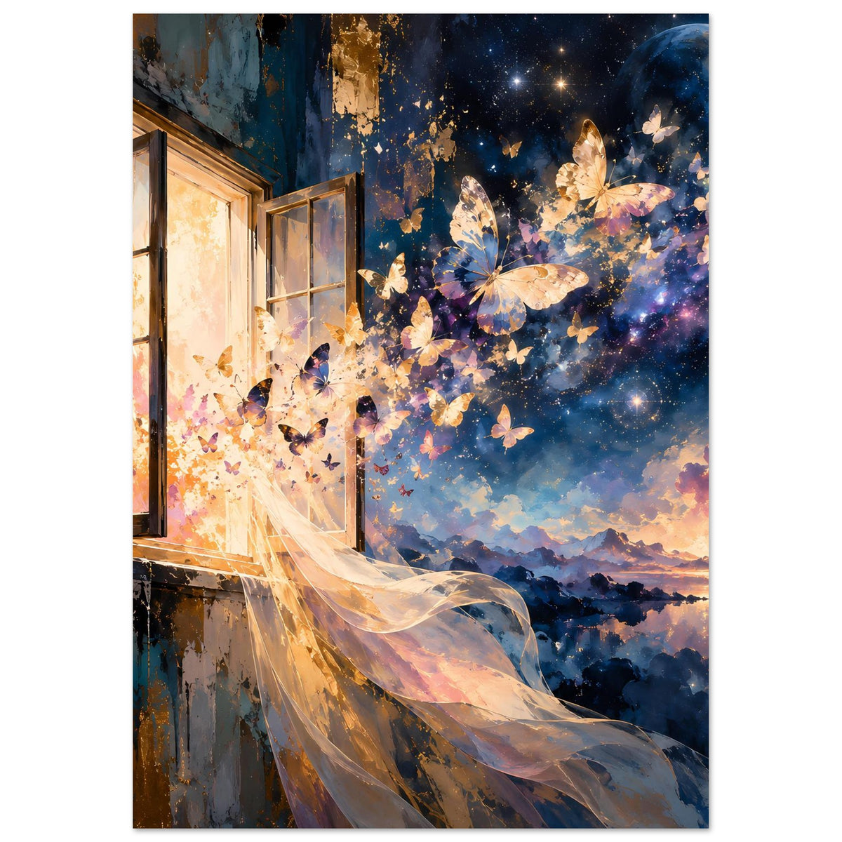 Kunstposter mit offenem Fenster, goldenen Schmetterlingen und blauem Nachthimmel