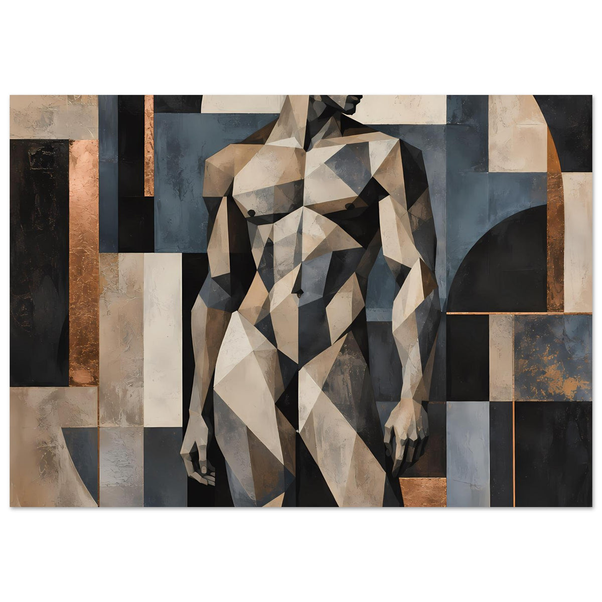Modernes Kunstposter mit geometrischer Aktfigur in warmen Erdtönen, polygonaler Collage.