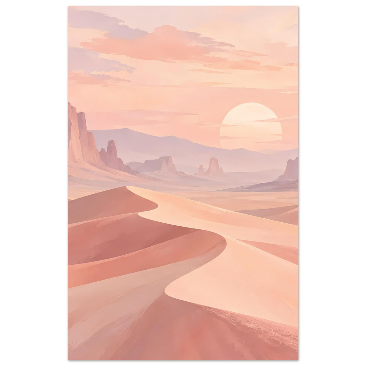 Vertikales Wüstenlandschafts-Poster mit Sanddünen, Bergkanten und großer Sonnenpartie