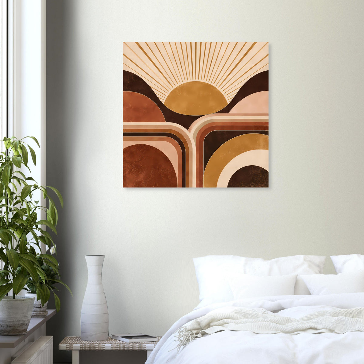 Quadratisches Wandposter: Sonnenaufgang-Illustration mit goldenen Strahlen und braunen Bögen.