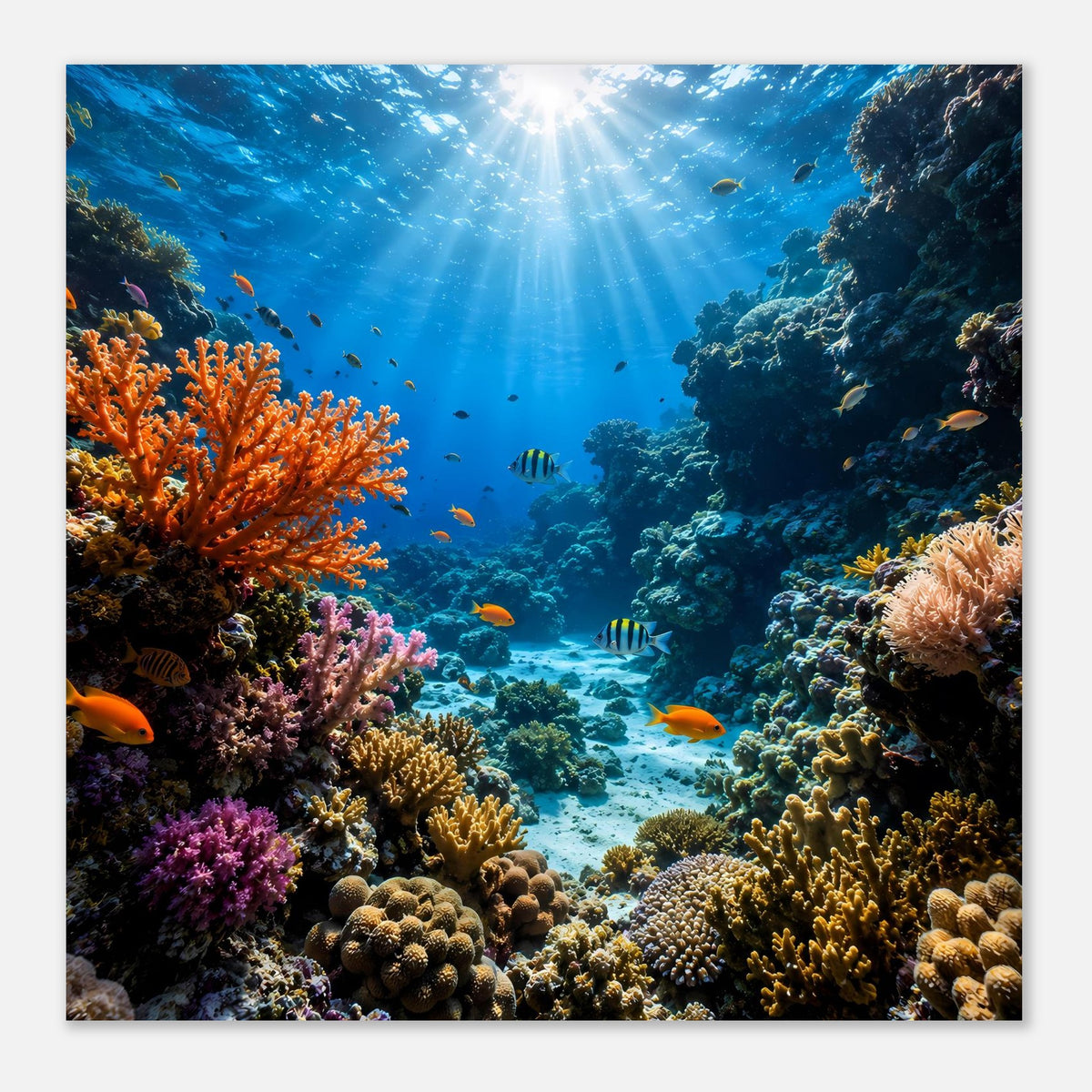 Unterwasser-Poster mit Korallenriff, Sonnenstrahlen nach oben und Fischen im Schwarm