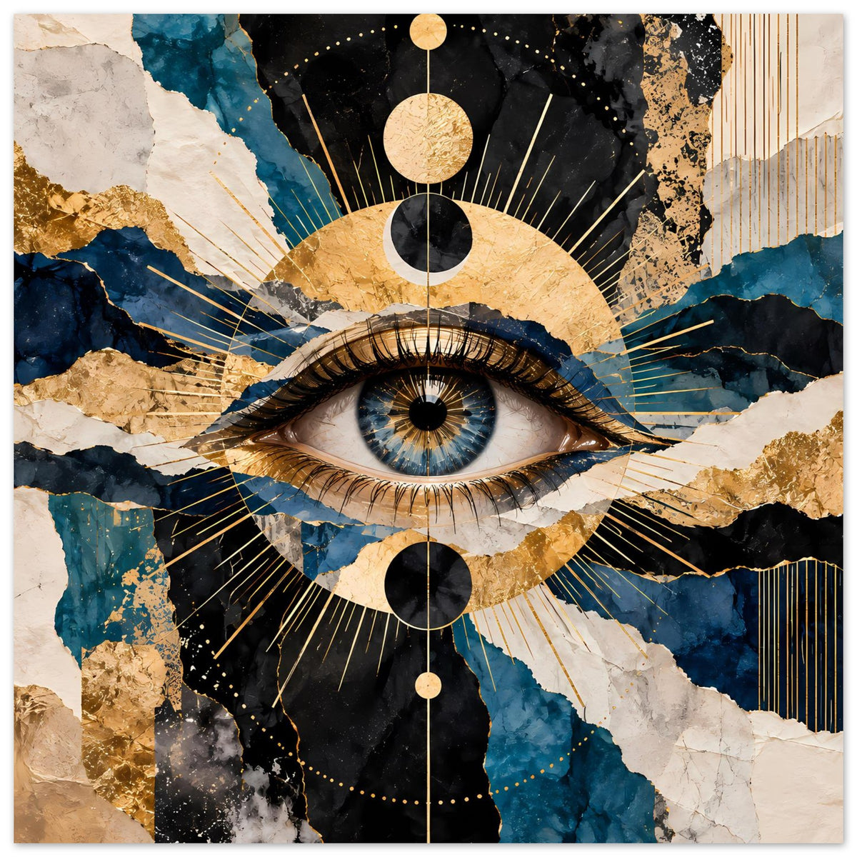 Kunstposter im Quadrat-Look mit stilisiertem Auge, goldene Kreise, Blau-Gold-Schwarz