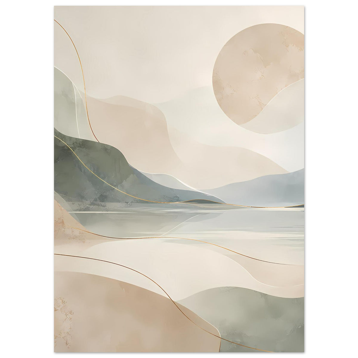 Abstraktes Poster mit Panorama-Komposition aus Bergen, See und Beige-Mistton, Goldakzenten