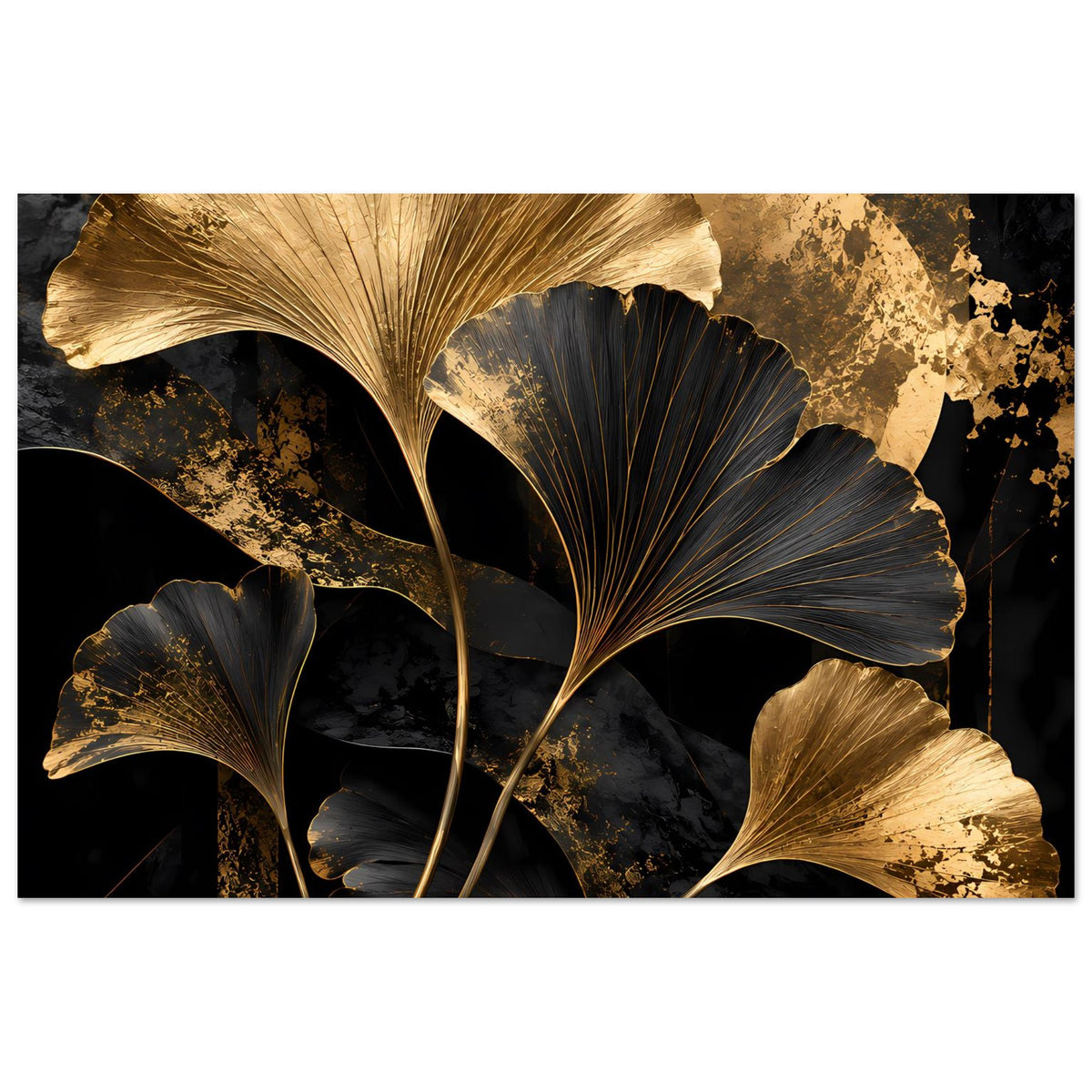 Botanisches Poster im Querformat mit goldenen Ginkgo-Blättern und schwarzen Akzenten
