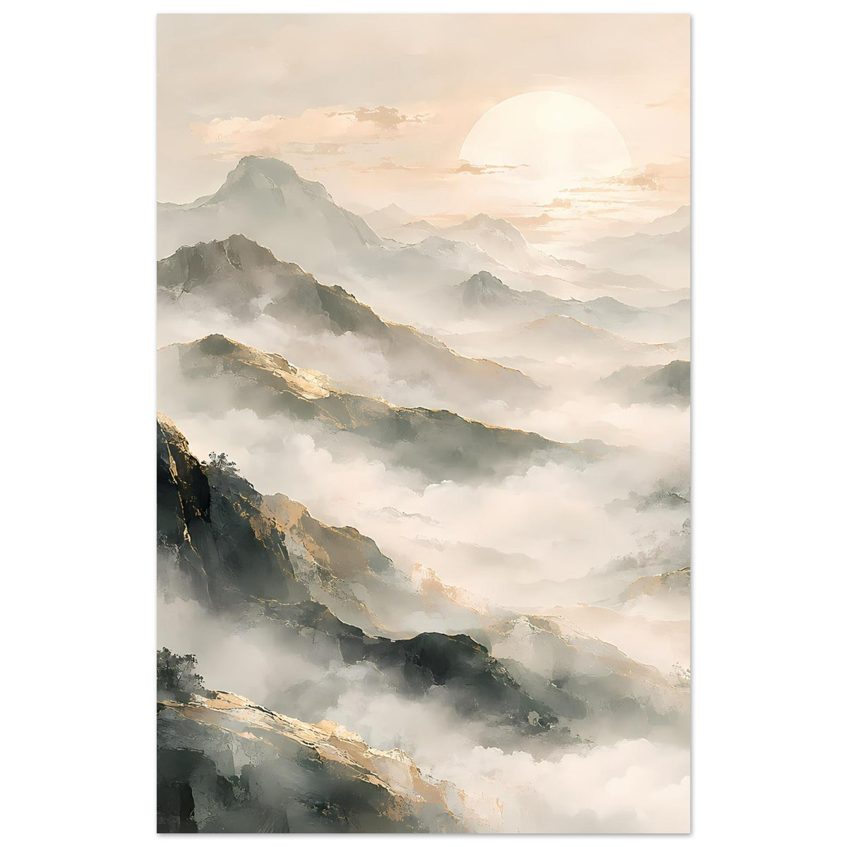 Bergpanorama-Poster im Hochformat mit Rahmen: neblige Berglandschaft, warme Sonnenstimmung.